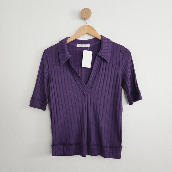 NEW Free People Purple Krystal Ribbed Knit Collar Polo Short Sleeve Top - Picture 5 of 10